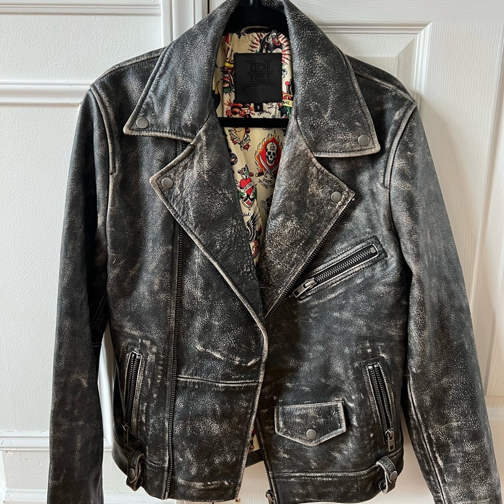 Ed Hardy Black Vintage Leather Motorcycle Jacket